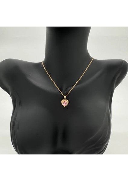 Çelik Pembe Zirkon Taşlı Prenses Model Kalp Kolye - Gold modelleri