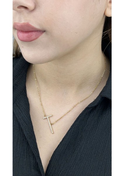 T Harfi, Zirkon Taşlı, Paslanmaz Çelik Kolye 13, Altın Renk