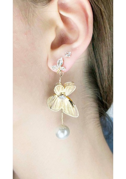 İnci Sallantılı, Çelik Çiçek Küpe 639, Altın Renk