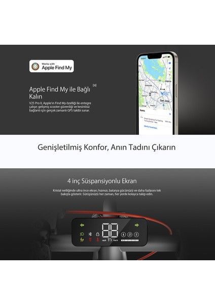 V25i Pro 2 Elektrikli Scooter Amortisörlü 25 Km Menzil 600W - Tcs- Ipx5 Doubleflip modelleri