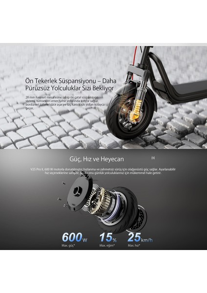 V25i Pro 2 Elektrikli Scooter Amortisörlü 25 Km Menzil 600W - Tcs- Ipx5 Doubleflip