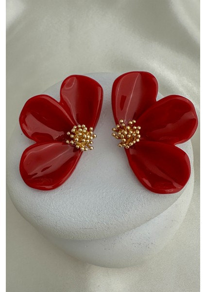 Kırmızı Renk Topçuk Detay Çiçek Küpe (7cm) fiyatları