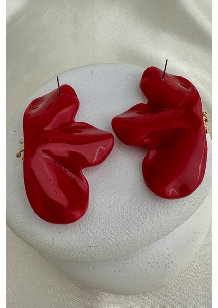 Kırmızı Renk Topçuk Detay Çiçek Küpe (7cm) modelleri