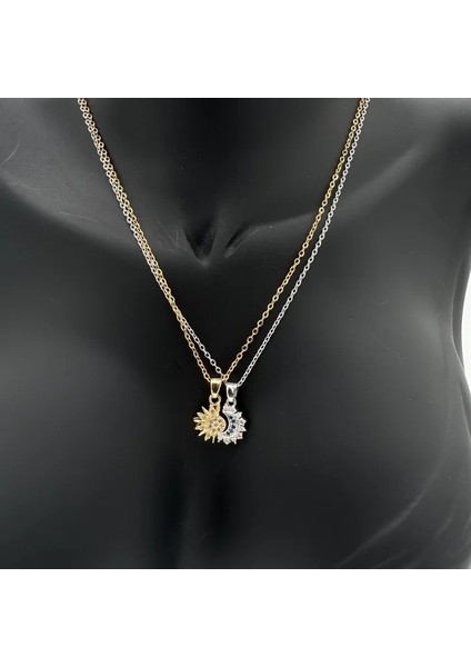 Çelik Taşlı Güneş ve Ay Çift Arkadaşlık Kolyesi - Gold-Silver modelleri