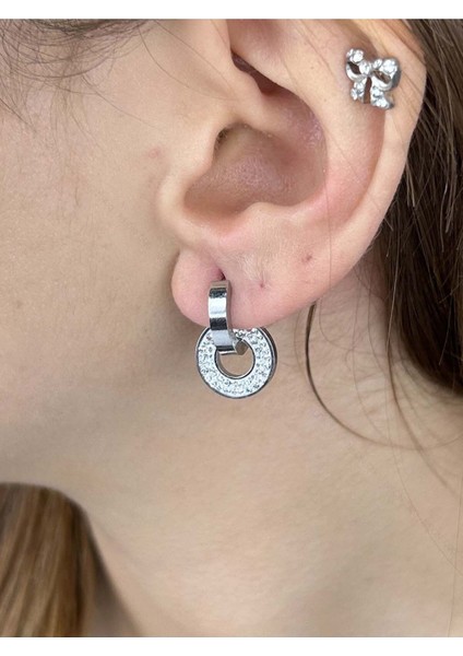 Zirkon Taşlı, Halkalı, Paslanmaz Çelik Küpe 367, Gümüş Renk