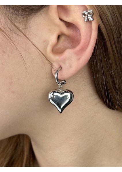 Kalp Sallantılı, Paslanmaz Çelik Küpe 419, Gümüş Renk