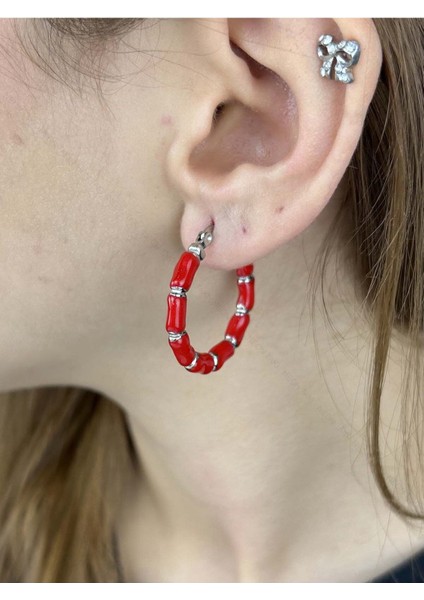 Kırmızı Motifli, Halka Model, Paslanmaz Çelik Küpe 540, Kasa Gümüş Renk