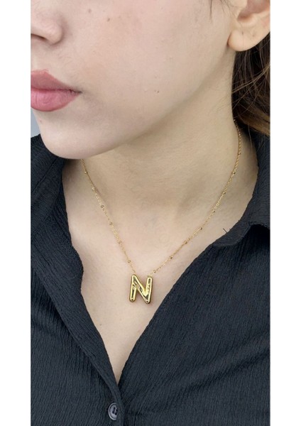 N Harfi, Balon Formlu, Paslanmaz Çelik Kolye 152, Altın Renk