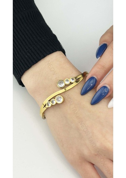 Zirkon Taşlı, Paslanmaz Çelik Kelepçe Bileklik 120, Altın Renk