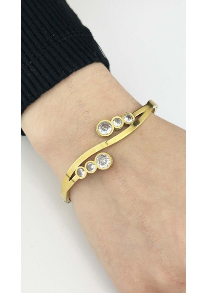 Zirkon Taşlı, Paslanmaz Çelik Kelepçe Bileklik 120, Altın Renk fiyatları