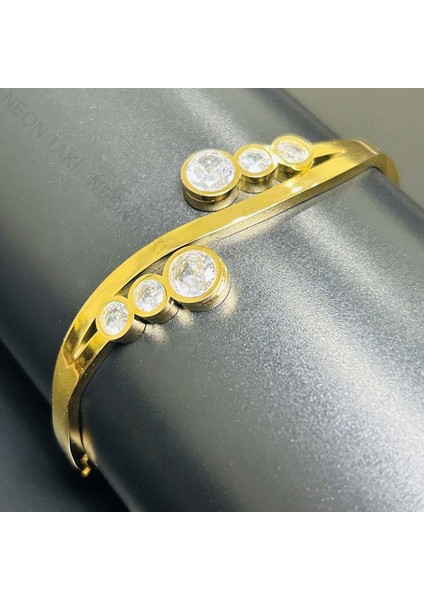 Zirkon Taşlı, Paslanmaz Çelik Kelepçe Bileklik 120, Altın Renk modelleri