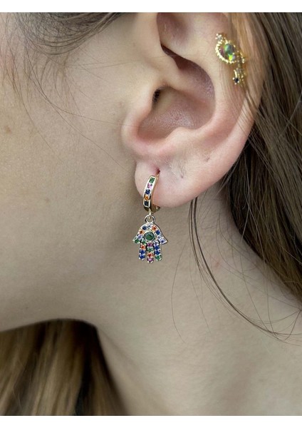 Xxx Zirkon Taşlı, Hz Fatma Eli, Sallantılı Paslanmaz Çelik Küpe 11 Altın Renk