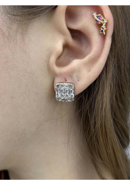 Zirkon Taşlı, Baget Model, Paslanmaz Çelik Küpe 65, Altın Renk