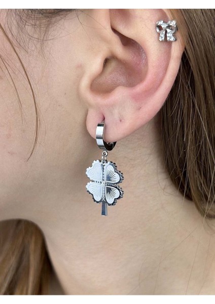 Yonca Figürlü, Sallantılı, Paslanmaz Çelik Küpe 415, Gümüş Renk