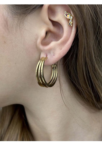Çoklu Halka Model, Paslanmaz Çelik Küpe 23, Altn Renk, Çap 30mm