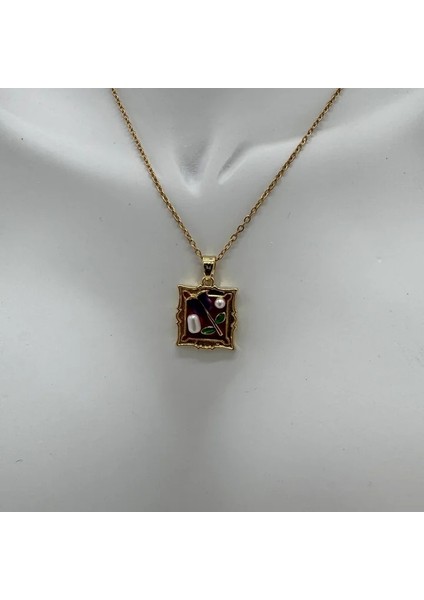 Çelik Vintage Sanat Kolye Serisi: Kırmızı Tablo Çiçek Detay - Gold fiyatları