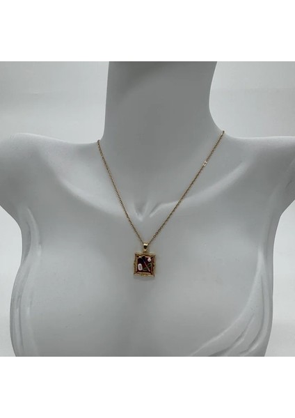 Çelik Vintage Sanat Kolye Serisi: Kırmızı Tablo Çiçek Detay - Gold modelleri