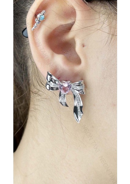 Zirkon Taşlı, Pembe Kalpli, Kurdele, Kore Tarzı Vip Küpe 597, Gümüş Renk