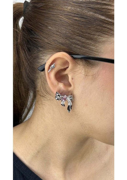 Zirkon Taşlı, Pembe Kalpli, Kurdele, Kore Tarzı Vip Küpe 597, Gümüş Renk fiyatları