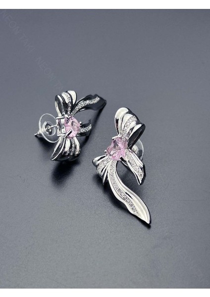 Zirkon Taşlı, Pembe Kalpli, Kurdele, Kore Tarzı Vip Küpe 597, Gümüş Renk modelleri