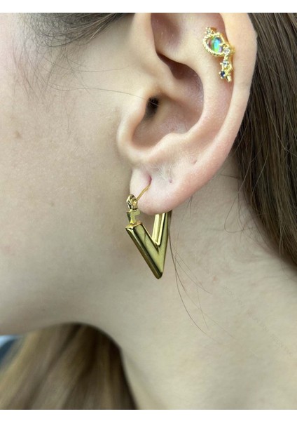 V Şekil, Paslanmaz Çelik Küpe 542, Altın Renk