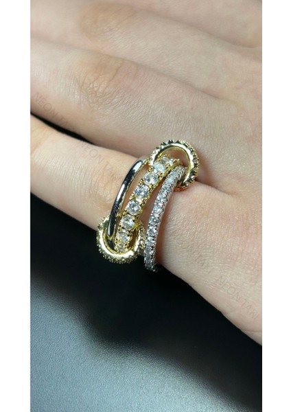 Zirkon Taşlı, Üçlü Yüzük 174, Gümüş ve Altın Renk, Ölçü 18mm