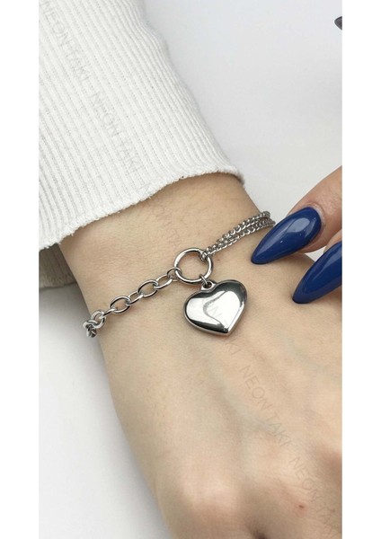 Bileklik, Kararmayan Paslanmaz Çelik, Kalp Detaylı, Gümüş Renk, Model156