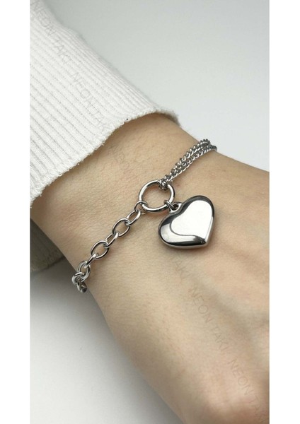 Bileklik, Kararmayan Paslanmaz Çelik, Kalp Detaylı, Gümüş Renk, Model156 fiyatları