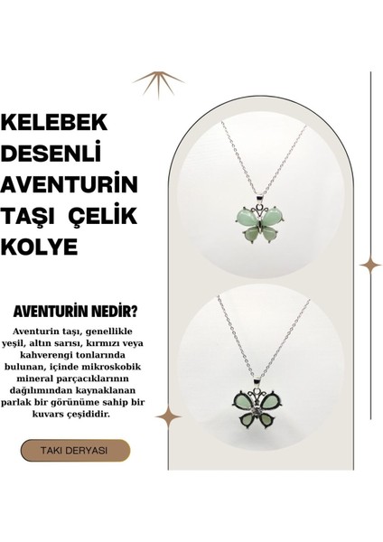 El Yapımı Kelebek Desenli Aventurin Taşı Doğaltaş Kolye