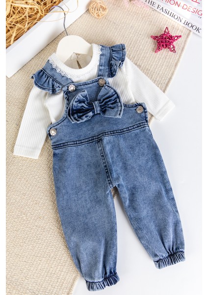 Fiyonklu Kız Bebek Kot Salopet Tulum Set