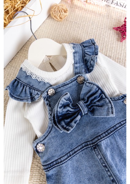 Fiyonklu Kız Bebek Kot Salopet Tulum Set fırsatları