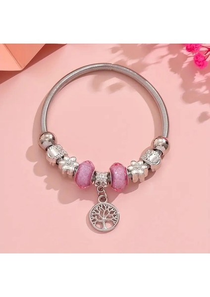 Pandora Tarz , Pembe Hayat Agacı Sevgi Temalı Charmlı Bileklik, Ahşap Kutu Içerisinde