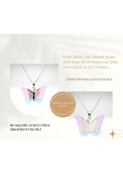 Kadın Renkli Şeffaf Taşlı Kelebek Model Çelik Kolye 45 cm Paslanmaz Çelik Zincirli Zarif Tasarım