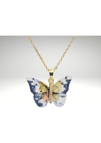 Kadın Renkli Kelebek Model Paslanmaz Çelik Kolye Işıltılı ve Zarif Tasarım 45 cm Zincirli fiyatları