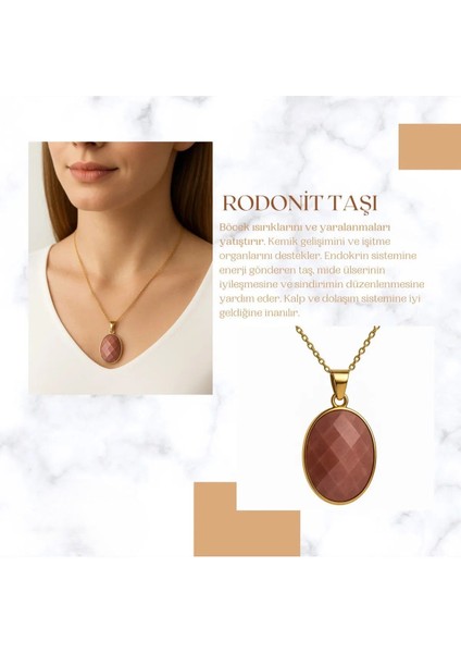 Rodonit Taşı Oval Kolye 45 cm Zincir 8 gr Unisex Doğal Taş Hediye