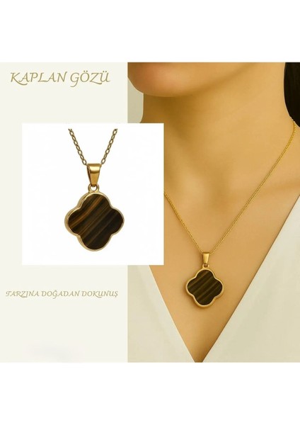 Kaplan Gözü Taşı Çelik Kolye Zincirli Enerji Taşı Şık Hediye Seçeneği