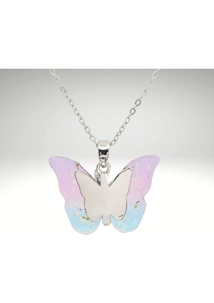 Kadın Renkli Şeffaf Taşlı Kelebek Model Çelik Kolye 45 cm Paslanmaz Çelik Zincirli Zarif Tasarım modelleri