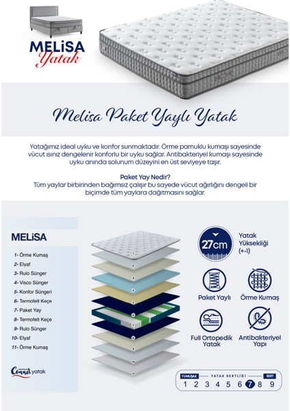 Melisa Çift Kişilik Sandıklı Baza + Full Ortopedik Antibakteriyel Paket Yaylı Visco Yatak + Başlık 3 lü Set