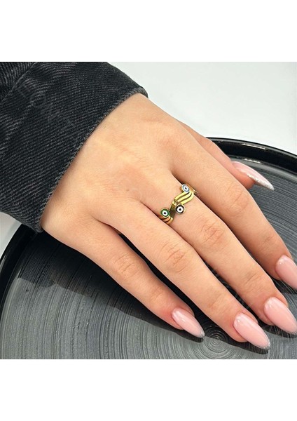 Xxx Nazar Figürlü, Paslanmaz Çelik Yüzük 48, Altın Renk, Ayarlanabilir