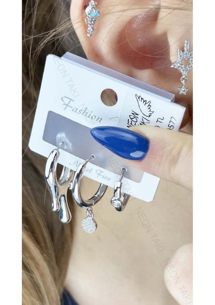 Küpe, Zirkon Taşlı, Çoklu, Damlayan Lav Detaylı, Gümüş Renk, Model577