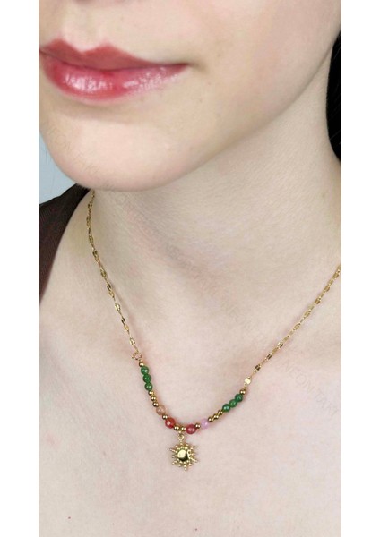 Renkli Taşlı, Paslanmaz Çelik Kolye 409, Altın Renk modelleri