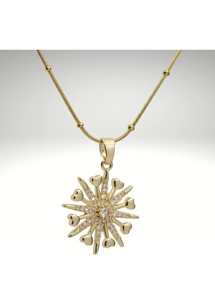 Altın Renkli Kalp Detaylı Yıldız Motifli Paslanmaz Çelik Kolye Taşlı Işıltılı Tasarım