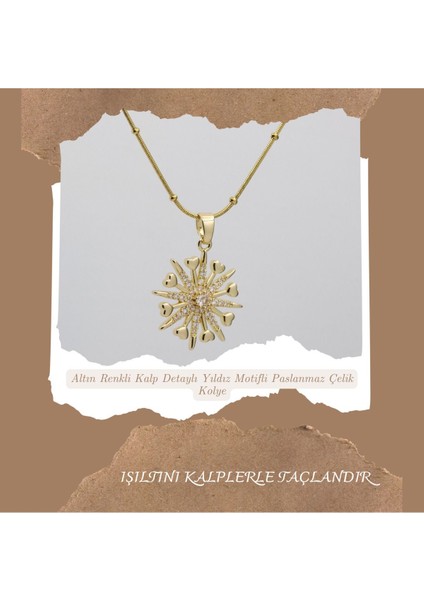 Altın Renkli Kalp Detaylı Yıldız Motifli Paslanmaz Çelik Kolye Taşlı Işıltılı Tasarım fiyatları