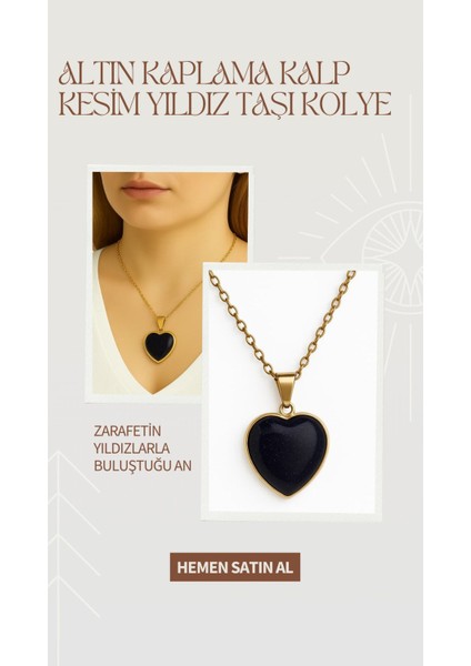 Kalp Kesim Yıldız Taşı Kolye Paslanmaz Çelik Altın Kaplama Zincirli Lacivert Renk Doğal Taş Takı modelleri