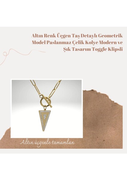 Altın Renk Üçgen Taş Detaylı Geometrik Model Paslanmaz Çelik Kolye Modern Toggle Klipsli