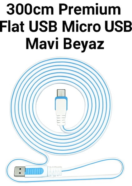 3 Metre Premium Hızlı Şarj ve Data Aktarım Micro USB Kablo – Dayanıklı Mavi Beyaz Tasarım