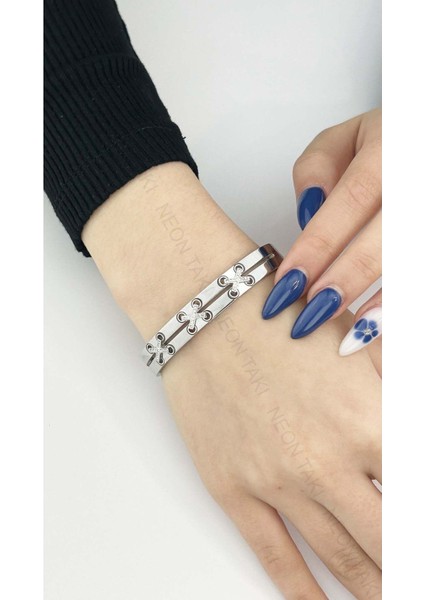 Zirkon Taşlı, Paslanmaz Çelik Kelepçe Bileklik 29, Gümüş Renk