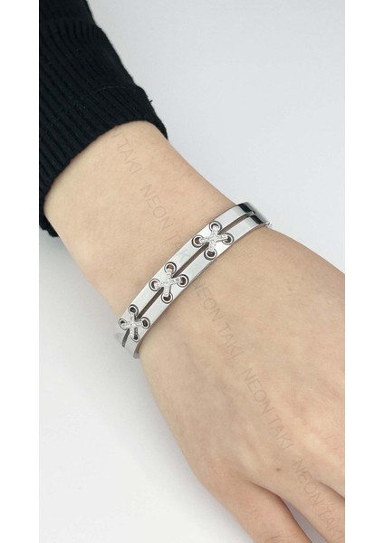 Zirkon Taşlı, Paslanmaz Çelik Kelepçe Bileklik 29, Gümüş Renk fiyatları