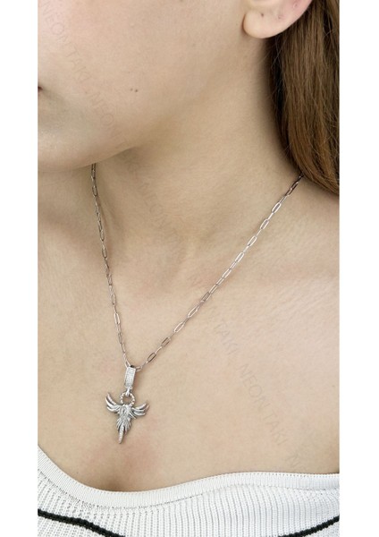 Zirkon Taşlı, Anka Kuşu, Paslanmaz Çelik Kolye 320, Gümüş Renk