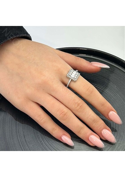 Zirkon Taşlı, Baget Model, Paslanmaz Çelik Yüzük 153, Gümüş Renk, Ayarlanabilir